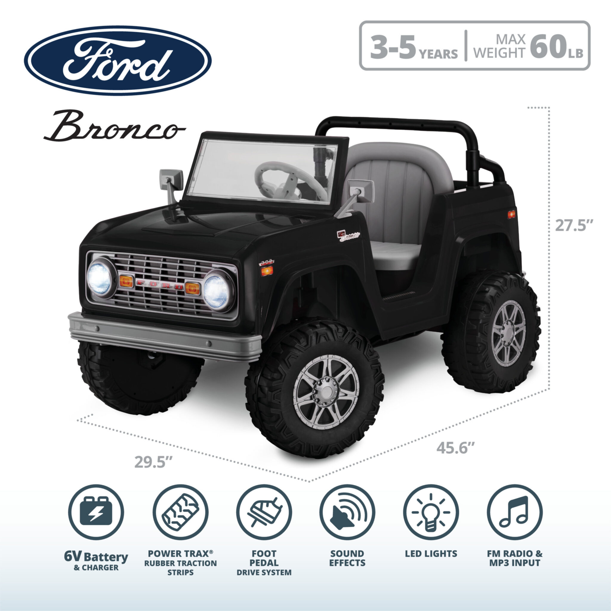 Classic Ford Bronco, 6-Volt Ride-On Toy by Kid Trax, ages 3 to 5, black - Fishzap